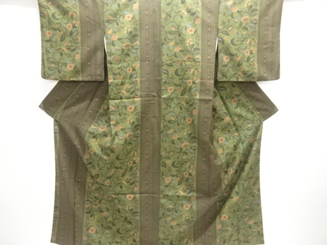 JAPANESE KIMONO / KOMON / STRIPE & FLORAL PLANTS